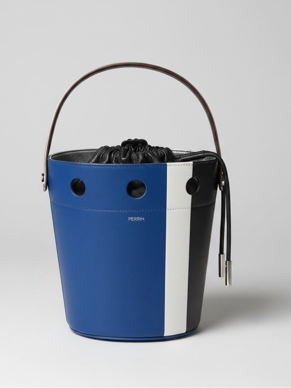 RARE NWT PERRIN LEATHER COLOR BLOCK  BUCKET BAG IN BLUE/BLACK/WHITE